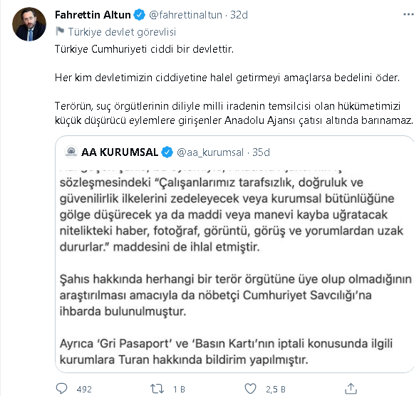 AA muhabiri Musab Turan'ın iş akdinin feshedilmesinin ardından Saray'dan ilk yorum - Resim : 1