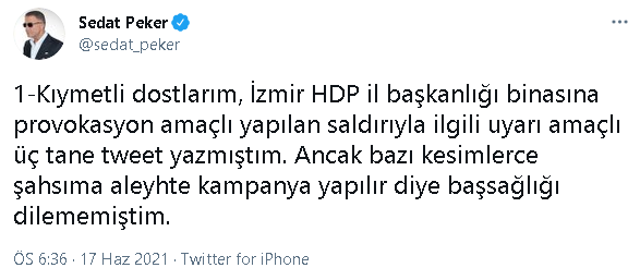 Sedat Peker kendisine y&ouml;nelik yapılan HDP eleştirilerine yanıt verdi - Resim : 1