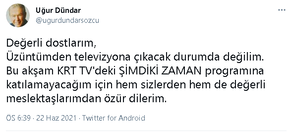 Uğur Dündar: Üzüntümden televizyona çıkacak durumda değilim - Resim : 1