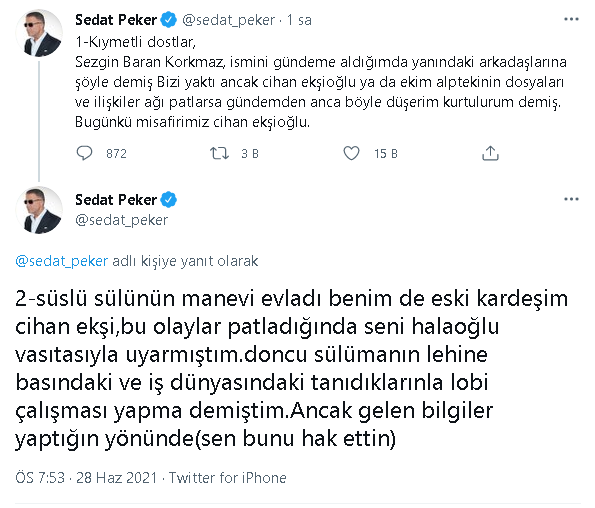 Sedat Peker'den peş peşe paylaşımlar: Bugünkü misafirimiz Cihan Ekşioğlu  - Resim : 1