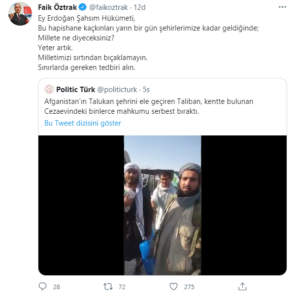 CHP'li Öztrak Taliban'ın görüntüleri paylaştı, Erdoğan'a seslendi:  Tedbiri alın - Resim : 1