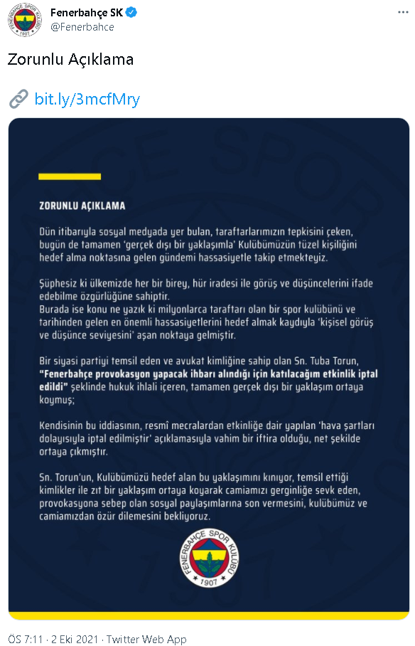 Fenerbahçe'den Tuba Torun'a yalanlama - Resim : 1