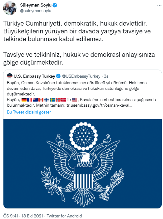 Bakan Soylu'dan 10 &uuml;lkenin Osman Kavala &ccedil;ağrısına tepki - Resim : 1