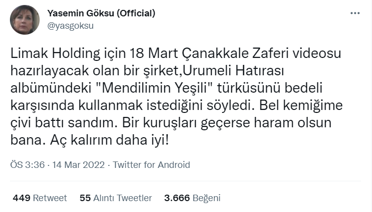 Sanatçı Yasemin Göksu, Limak Holding'e türküsünü vermedi - Resim : 1