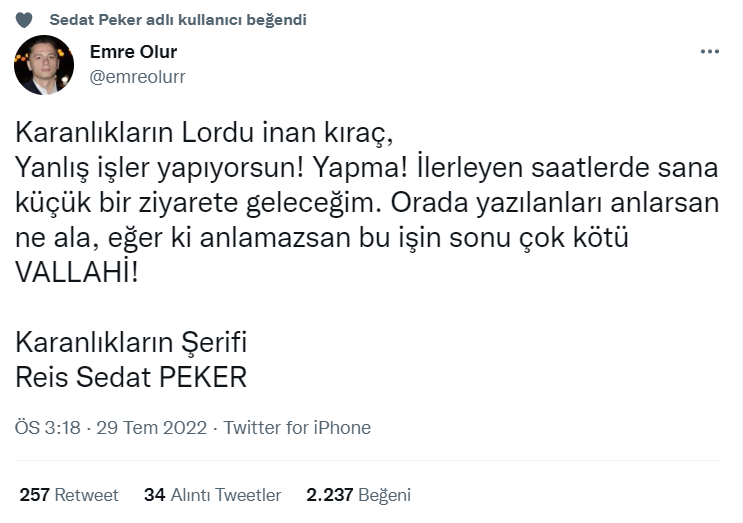 Sedat Peker'den ünlü iş insanı İnan Kıraç'a tehdit gibi sözler  - Resim : 1