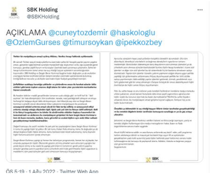 SBK Holding’den sahte hesap ‘liste’sine ilişkin açıklama: Çıkar çevrelerinin menfaatlerine hizmet etmektedir  - Resim : 1