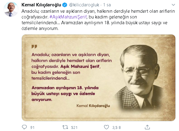 Kılıçdaroğlu, Aşık Mahzuni Şerif'i ölüm yıl dönümünde andı - Resim : 1