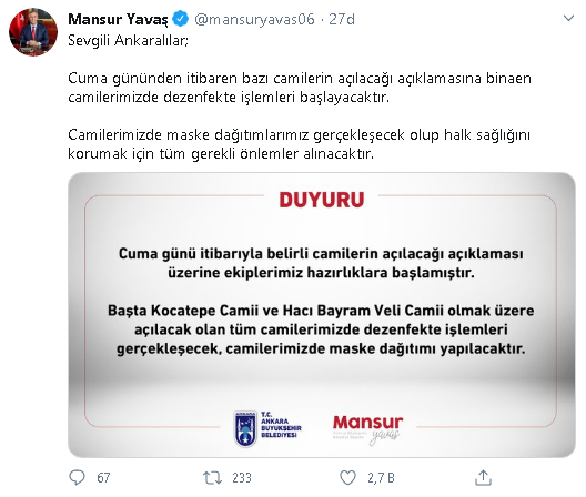 Mansur Yavaş, camilerde alınacak önlemleri açıkladı - Resim : 1