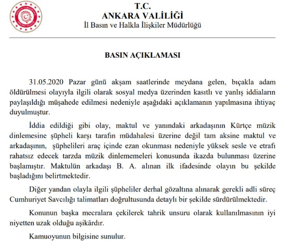 Ankara Valiliği'nden 'Kürtçe şarkı cinayeti' açıklaması - Resim : 1