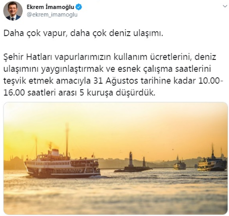 Ekrem İmamoğlu'ndan İstanbullulara vapur ücreti müjdesi - Resim : 1