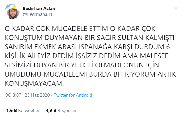 İş&ccedil;ilere ekmek arası ıspanak dağıtıldığını duyurduğu i&ccedil;in işten atılan Bedirhan Aslan'dan a&ccedil;ıklama - Resim : 1