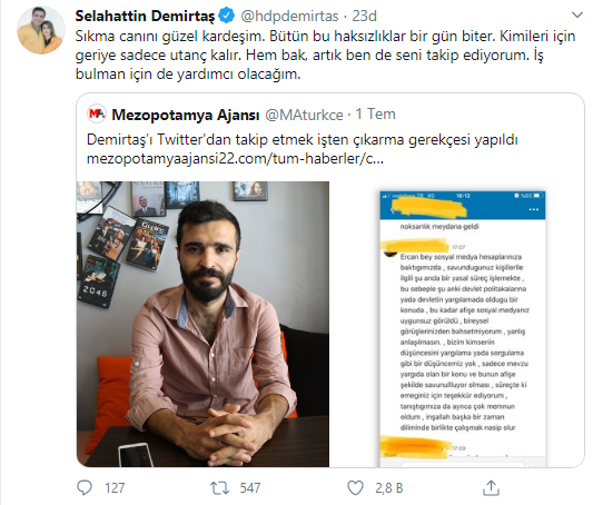 Demirtaş’ı takip ettiği için işinden olan vatandaşa Selehattin Demirtaş'tan destek  - Resim : 1