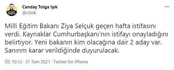 'Ziya Selçuk istifa etti, Erdoğan onayladı' - Resim : 1