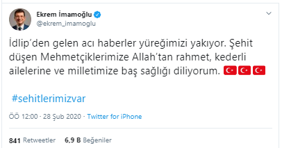 Ekrem İmamoğlu'ndan İdlib şehitleri için mesaj - Resim : 1