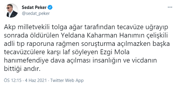 Sedat Peker'den Tolga Ağar ve tecavüz açıklaması... Ezgi Mola'ya destek... - Resim : 1