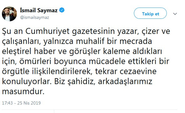 İsmail Saymaz'dan Cumhuriyet gazetesi mesajı - Resim : 1