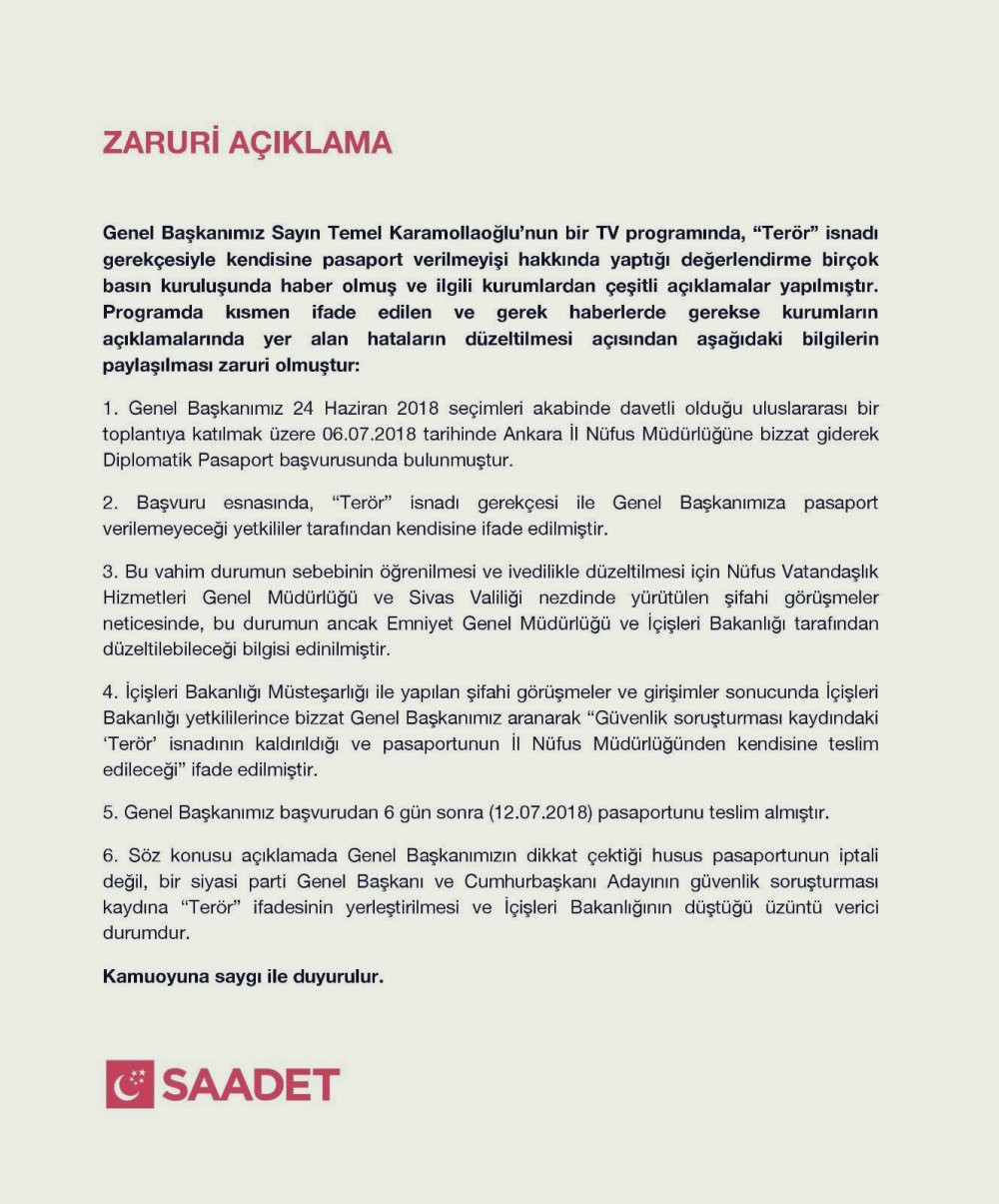 Saadet Partisi'nden Temel Karamollaoğlu'nun pasaportu ile ilgili açıklama - Resim : 2