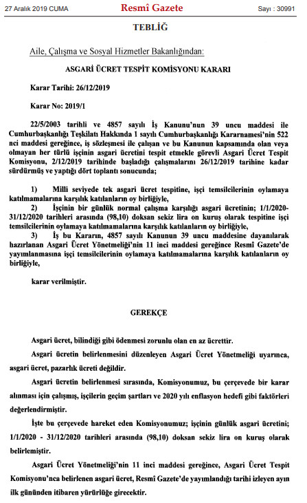 2020 için belirlenen asgari ücrette flaş gelişme: Resmi Gazete'de yayınlandı - Resim : 1