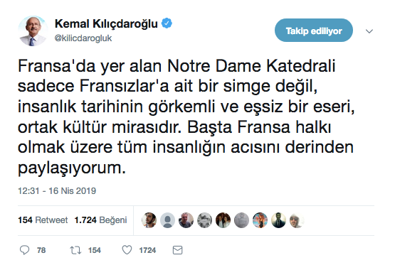 Kılıçdaroğlu'ndan Notre Dame mesajı: Tüm insanlığın acısı... - Resim : 1