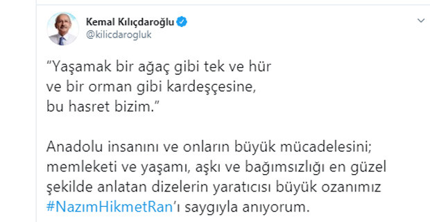 Kılıçdaroğlu, Nazım Hikmet'i 'Davet' şiiri ile andı - Resim : 1