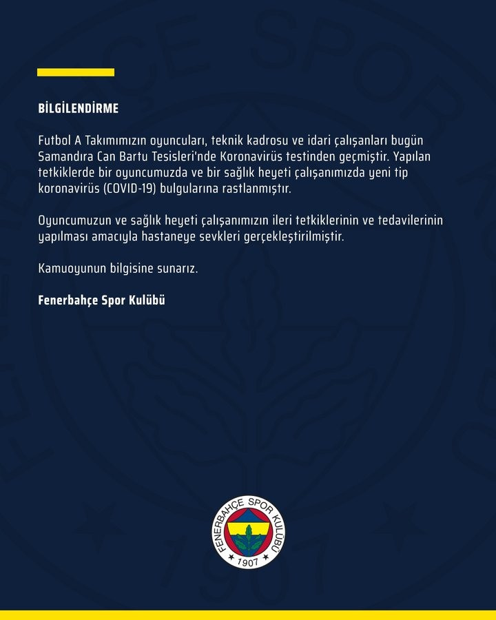 Fenerbahçeli futbolcuda ve bir sağlık heyeti çalışanında koronavirüs tespit edildi - Resim : 1