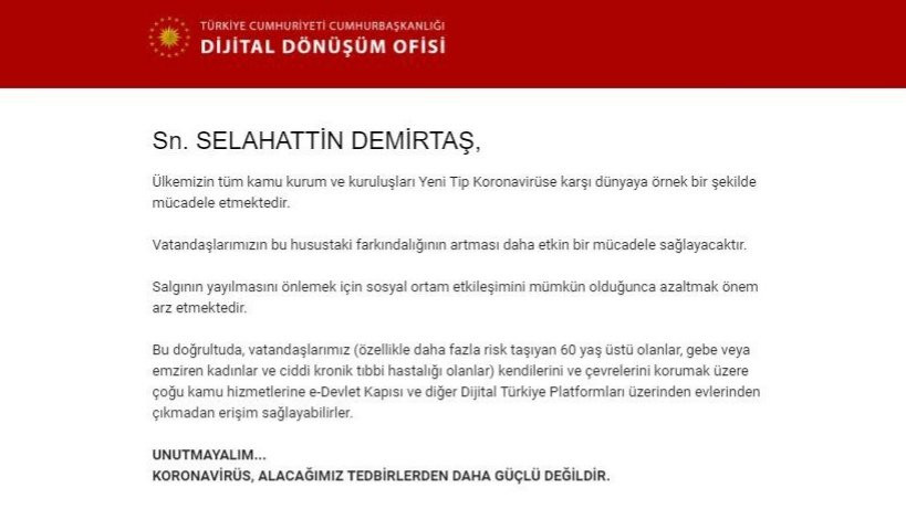 Cumhurbaşkanlığı'ndan Selahattin Demirtaş'a 'evde kal' mesajı - Resim : 1