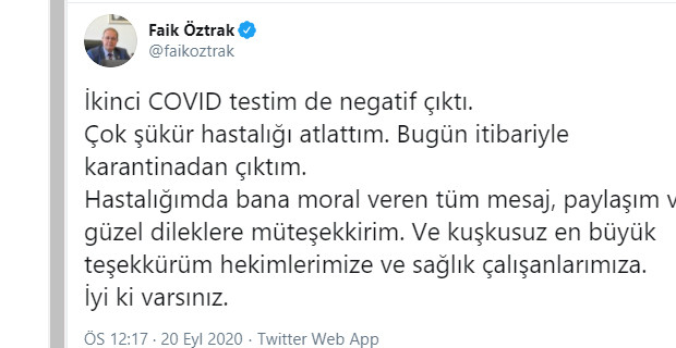 Koronavirüse yakalanan CHP'li Faik Öztrak sağlık durumu hakkında açıklama yaptı - Resim : 1