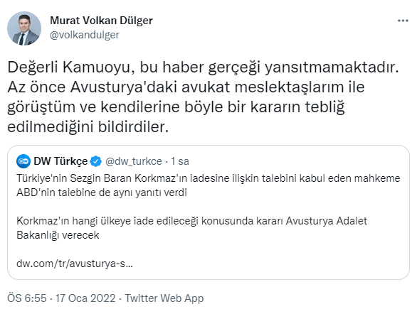 Sezgin Baran Korkmaz hakkındaki 'iade talebi' haberine avukatından yalanlama - Resim : 1