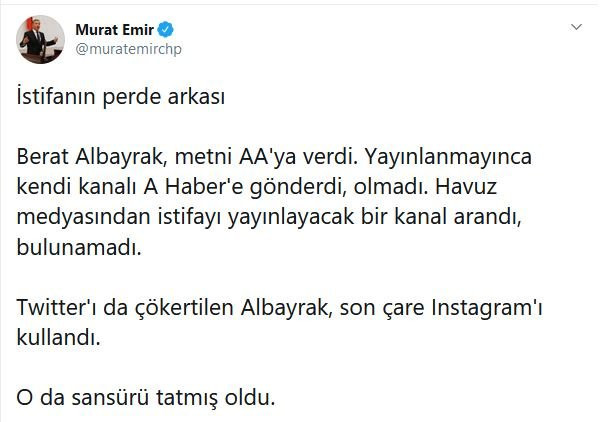 Berat Albayrak istifa açıklamasını neden Instagram'dan yaptı? - Resim : 1