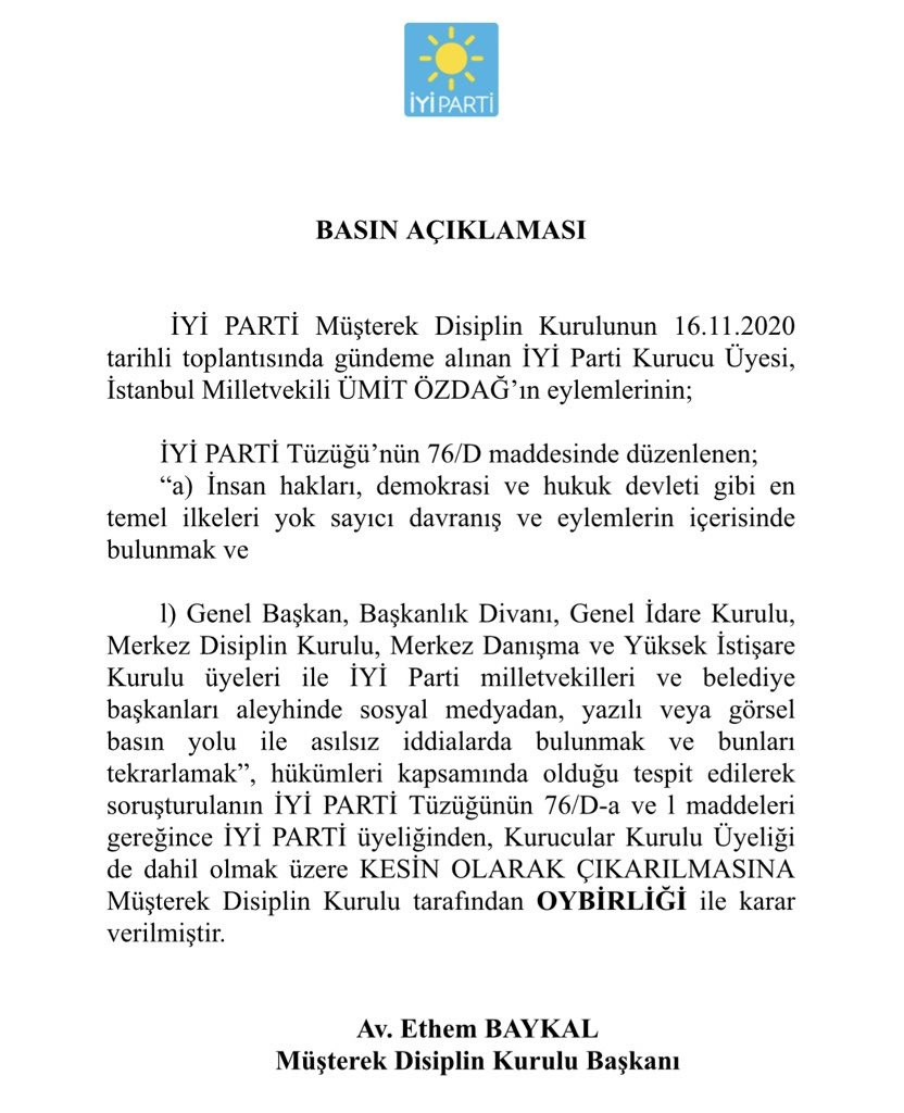 İYİ Parti'den flaş Ümit Özdağ kararı - Resim : 1