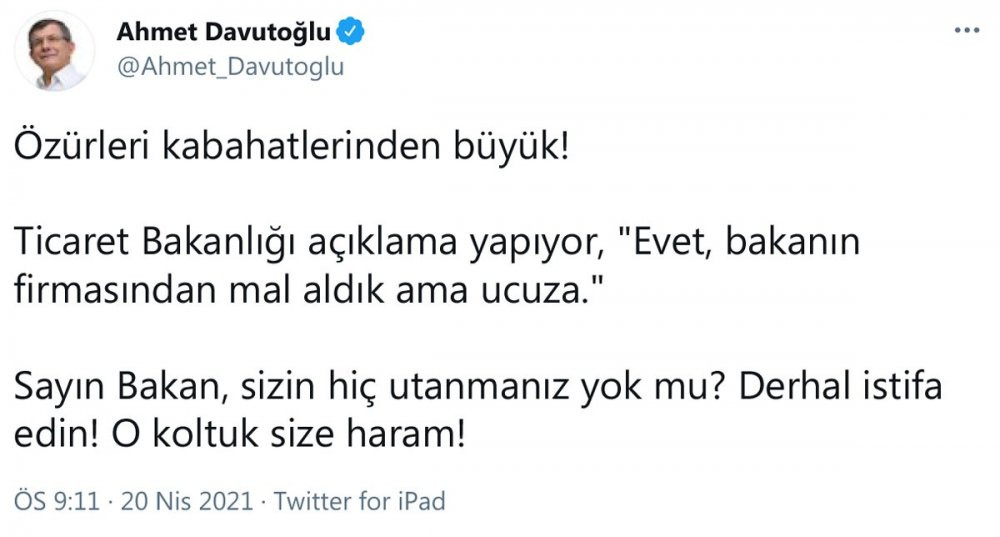 Davutoğlu’ndan Ticaret Bakanı’na: O koltuk size haram, derhal istifa edin - Resim : 1