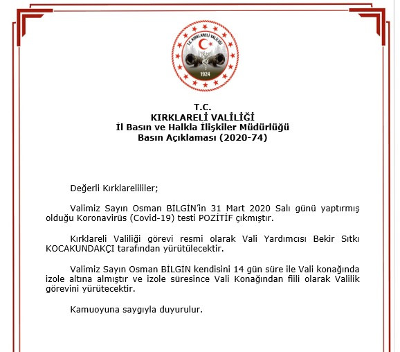 Kırklareli Valisi'nin koronavirüs testi pozitif çıktı - Resim : 1