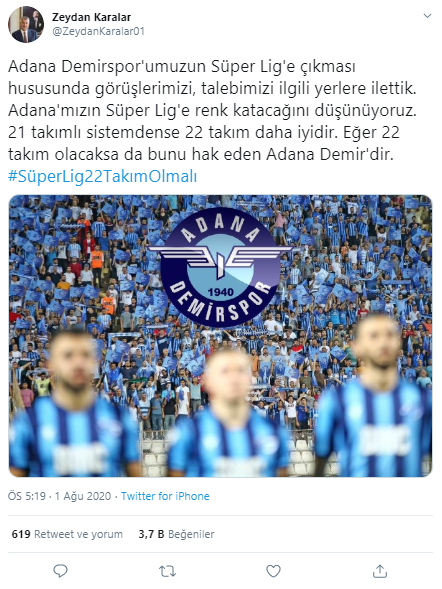 Zeydan Karalar'ın tweeti sosyal medyayı salladı... Adana Demirspor Süper Lig'e mi çıkıyor? - Resim : 1