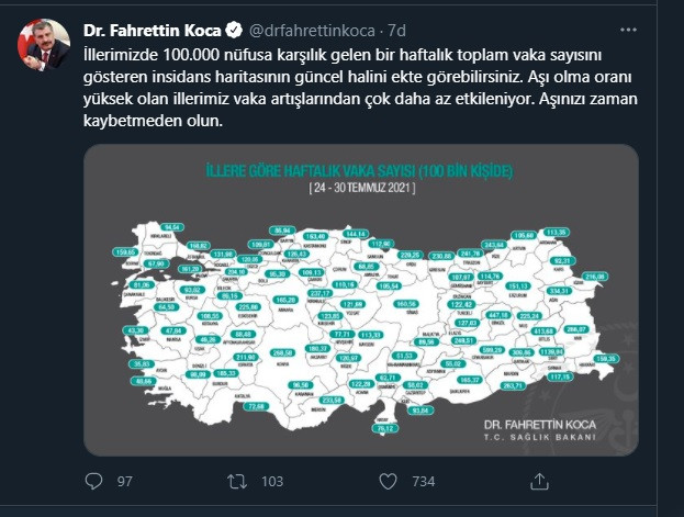Haftalık koronavirüs vaka haritası yayımlandı... İşte vaka sayısı en çok artan iller - Resim : 2