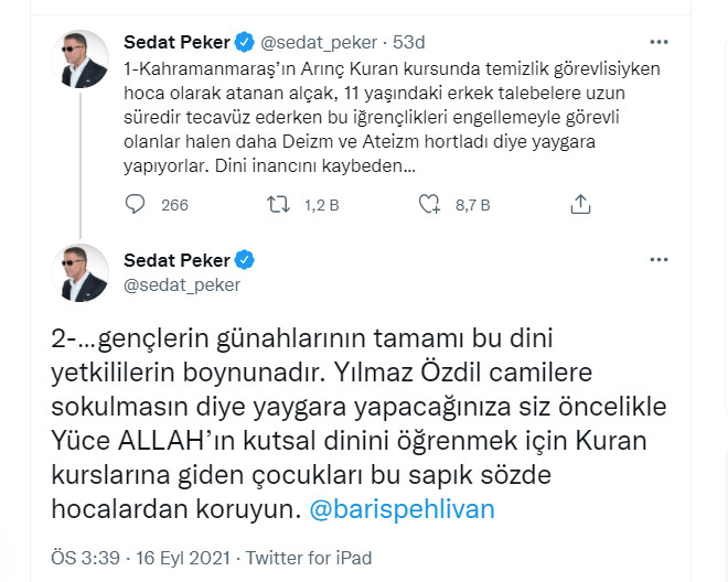 Kur'an kursunda erkek çocuklara tecavüz skandalı hakkında Sedat Peker'den imalı sözler - Resim : 1