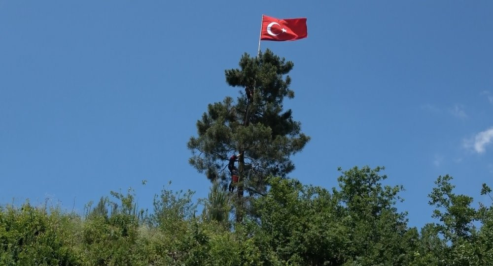 Yıpranan bayrağı değiştirmek için çıktığı ağaçta mahsur kaldı - Resim : 1