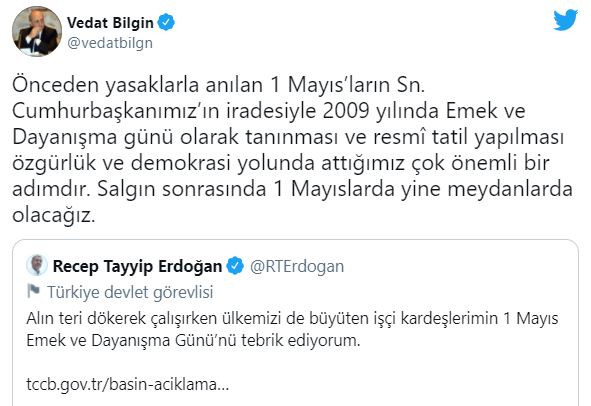 Çalışma Bakanı Bilgin '1 Mayıs' mesajında işçilere değinmedi; Erdoğan'ı övdü - Resim : 1