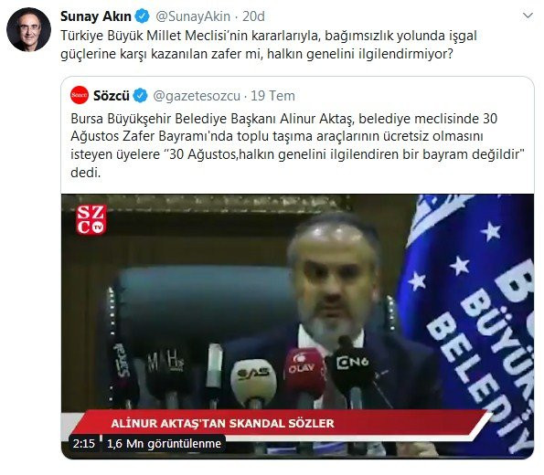 Sunay Akın’dan Bursa Belediye Başkanı Alinur Aktaş’a 30 Ağustos tepkisi! - Resim : 1