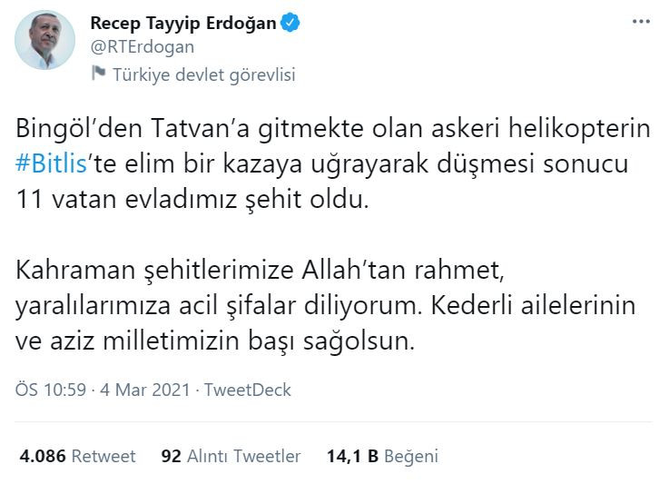 Erdoğan'dan şehitler i&ccedil;in başsağlığı mesajı - Resim : 1