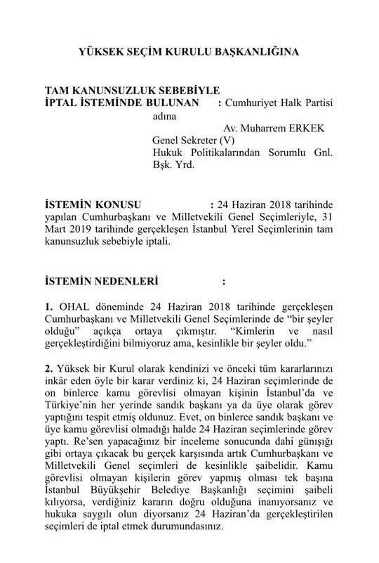 CHP'den YSK'ya hem 24 Haziran seçimleri hem 39 ilçe için başvuru - Resim : 1