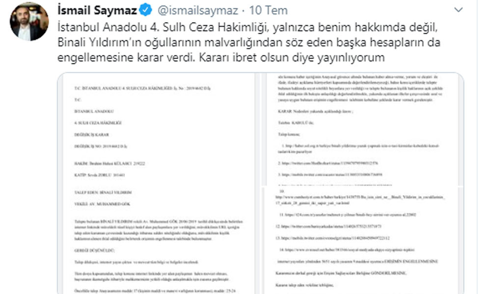 Binali Yıldırım ve oğullarının malvarlığından söz etmek 'yasak' - Resim : 1