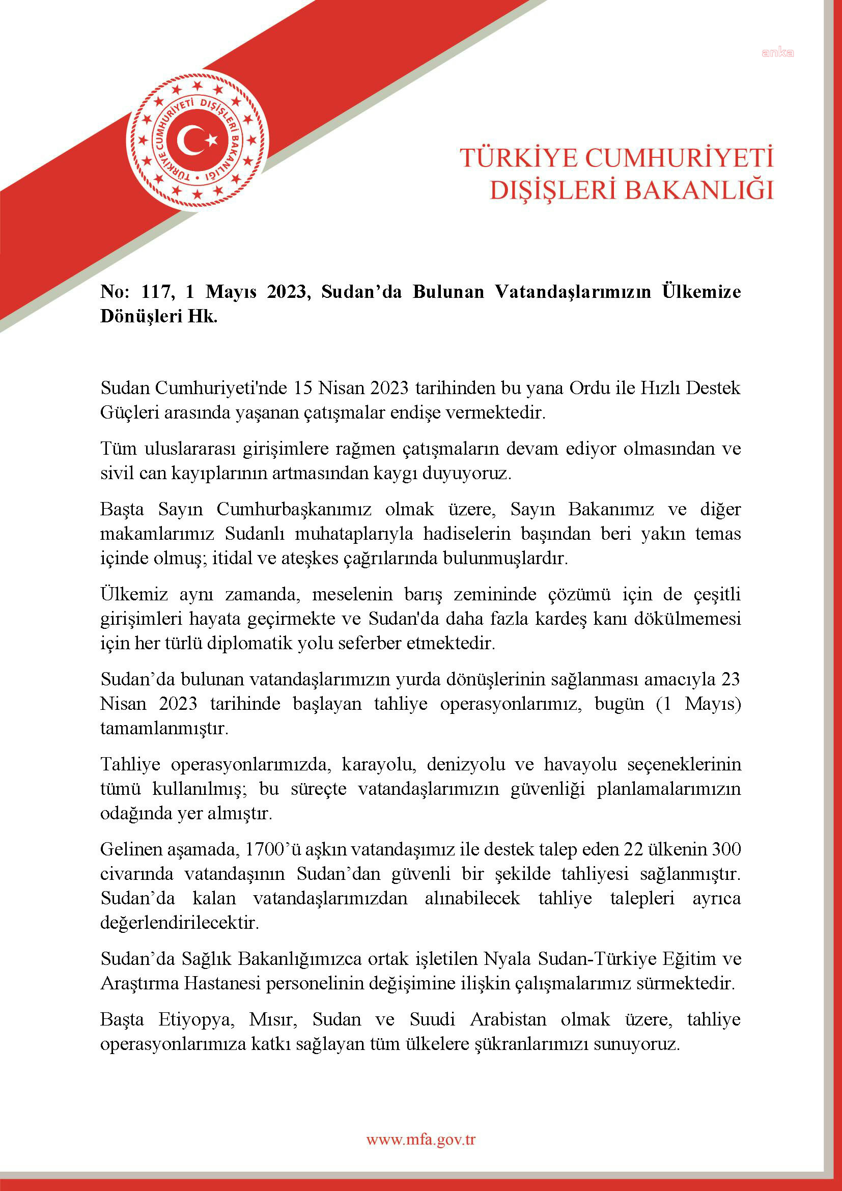 Dışişleri Bakanlığı açıkladı: Sudan’da bulunan Türk vatandaşlarının tahliyesi tamamlandı - Resim : 1