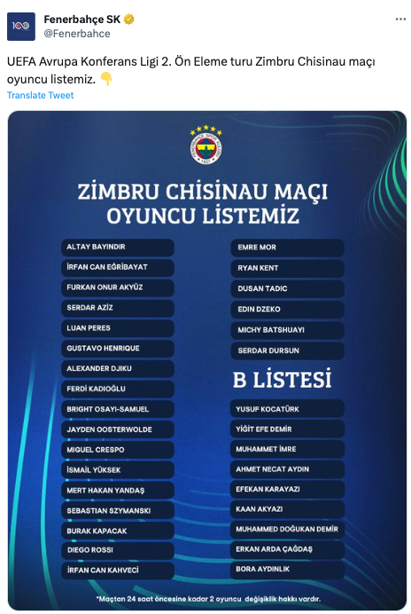 Fenerbahçe, UEFA listesini duyurdu - Resim : 1
