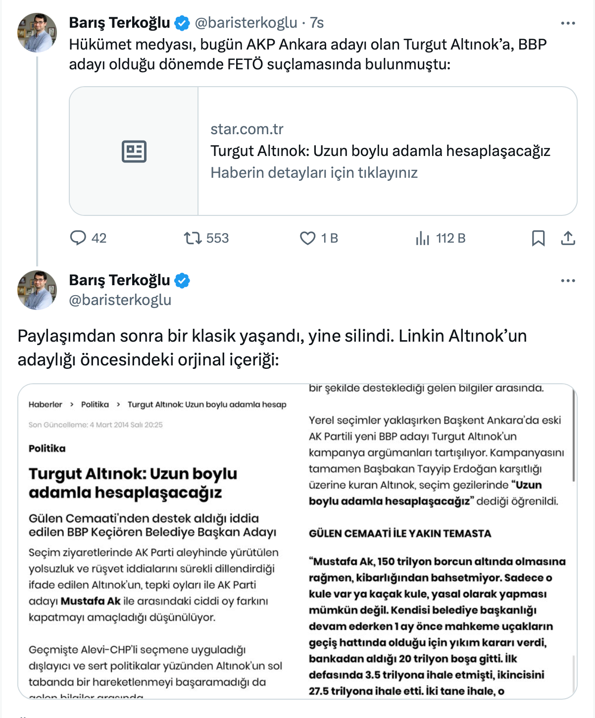 Erdoğan aday gösterdi, Star Gazetesi Turgut Altınok hakkındaki haberleri sildi - Resim : 1